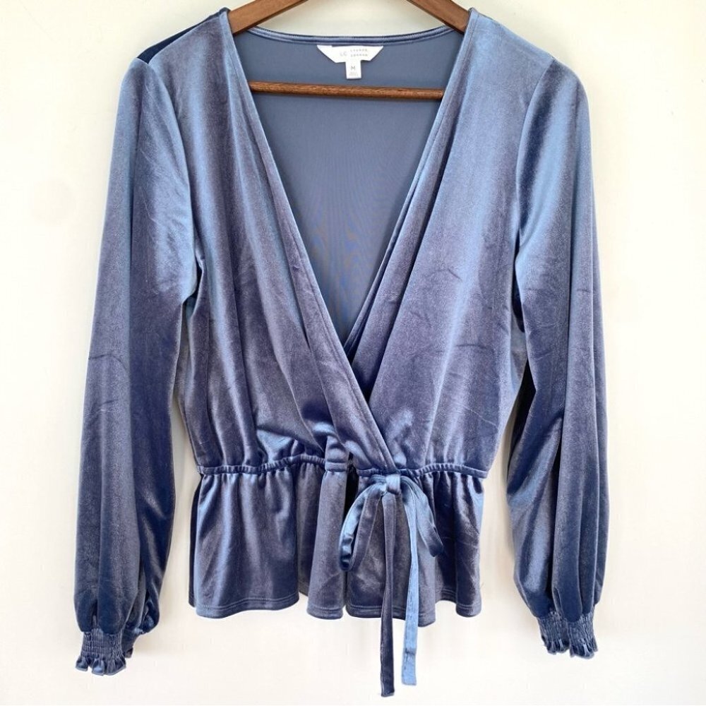 Lauren Conrad surplice top with elasticized waist & long sleeves, stretch